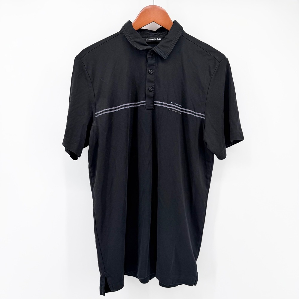 TravisMathew Large Island History Polo Shirt Black Graphic Stripe Casual Pima